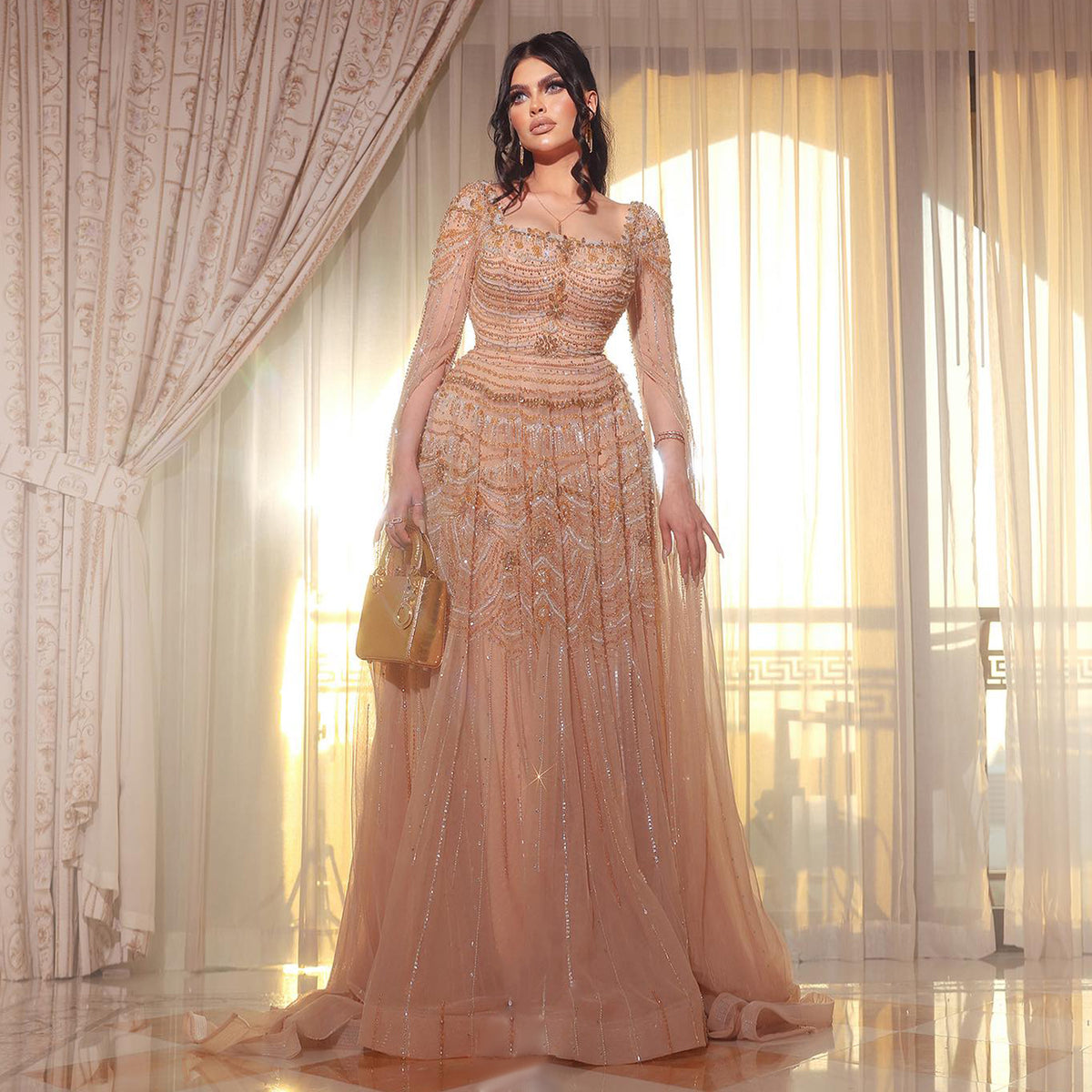 Luxury Beaded Caramel Evening Dress with Cape Sleeve SS591