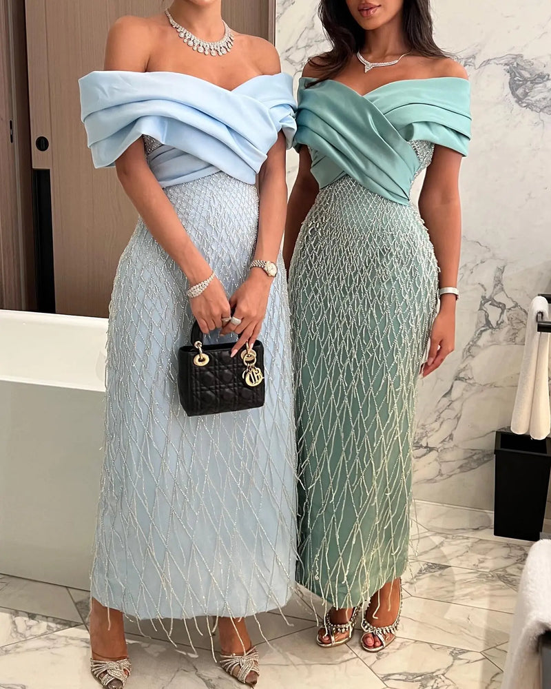 Elegant Off Shoulder Sage Green Tassel Evening Dress SS667