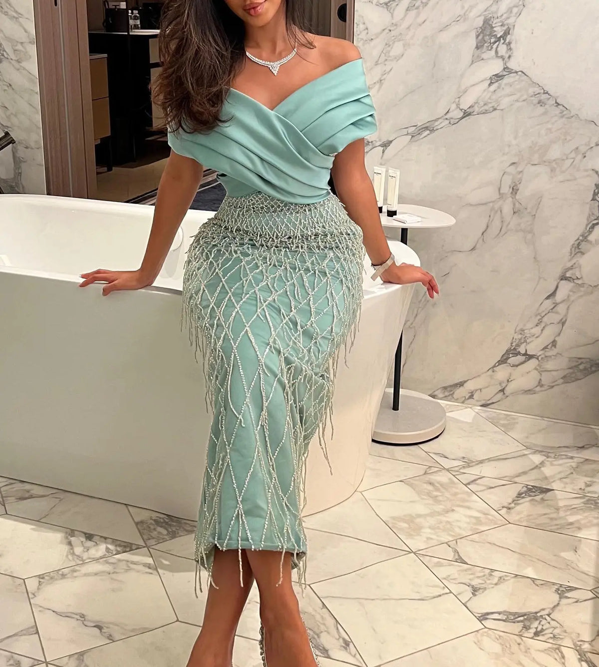 elegant sage green evening dress Elegant Sage Green Prom Dresses 2019 A-Line / Princess Off-The-Shoulder Lace Flower Appliques Beading Rhinestone Bow Short Sleeve Floor-Length / Long Formal Dresses