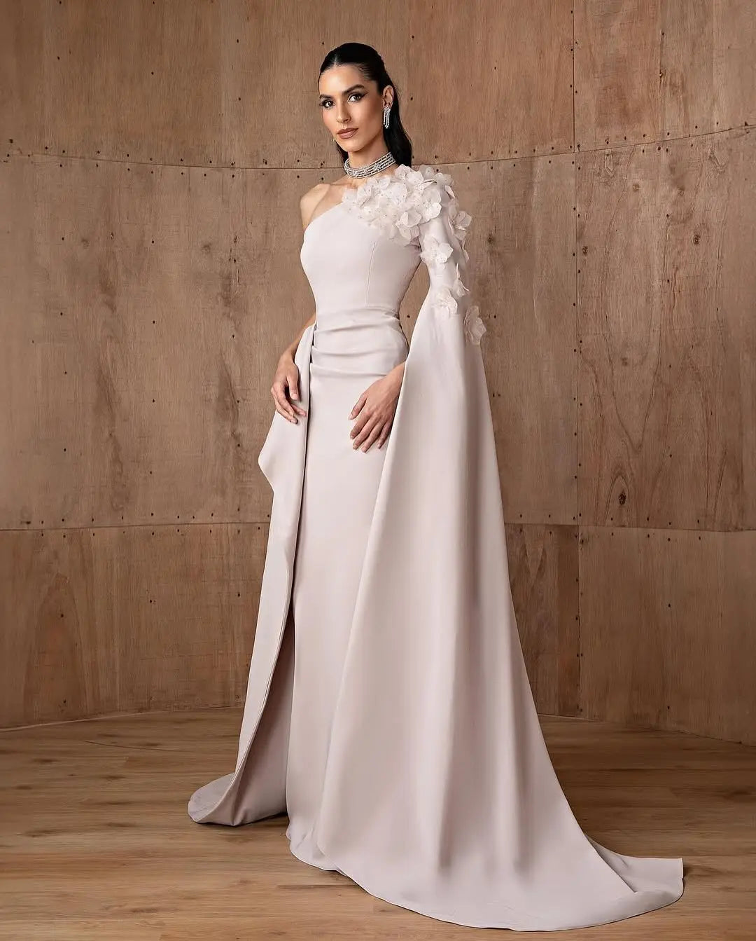Blush Crepe Draped Train Evening Dress SF555-4