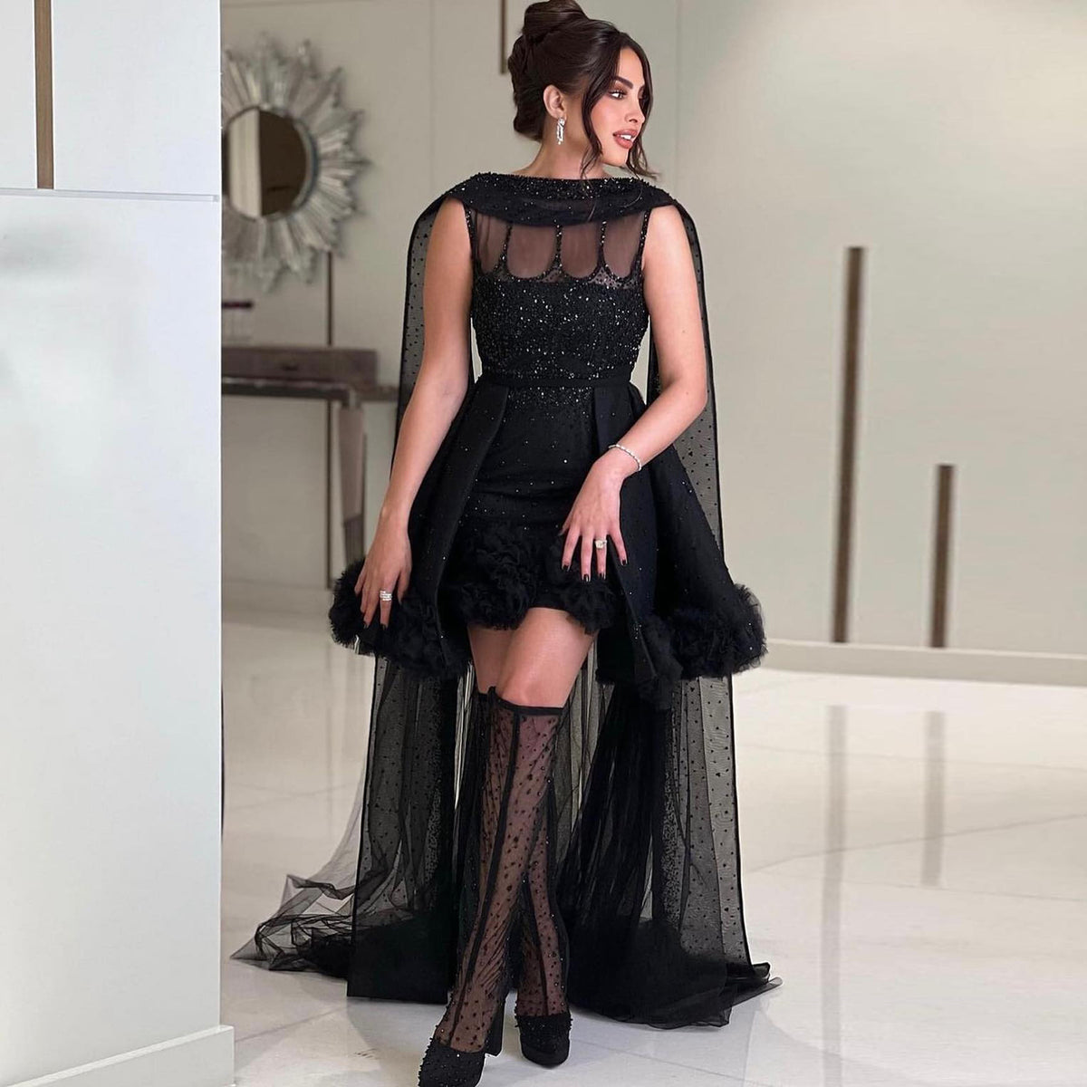 Sharon Said Luxury Crystal Arabic Black Short Evening Dress with Cape Ruffles Mini Cocktail Party Dresses for Women Wedding SS477