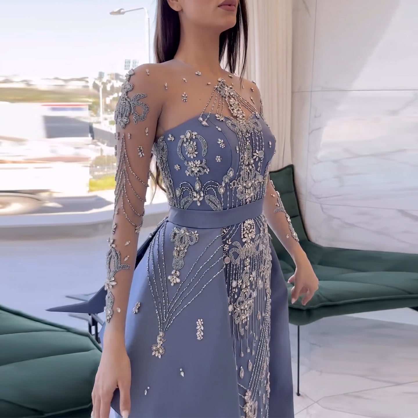 Luxury Beaded Blue Long Sleeves Evening Dress with Overskirt