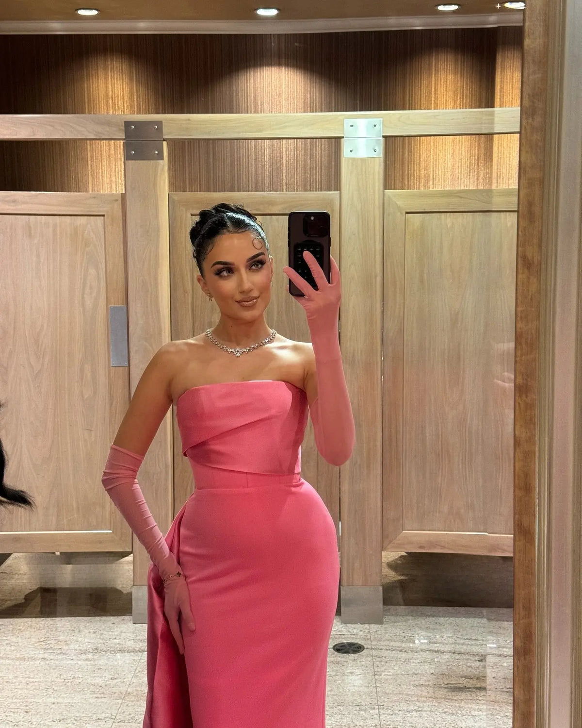 Elegant Pink Strapless Evening Dress with Gloves SF123 Elegant Pink Strapless Evening Dress with Gloves SF123