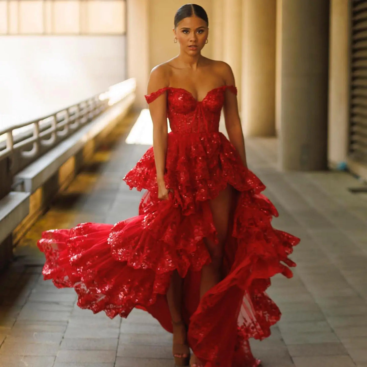 Stylish Black Ruffles Off shoulder Prom Dress with High Slit SH150 
