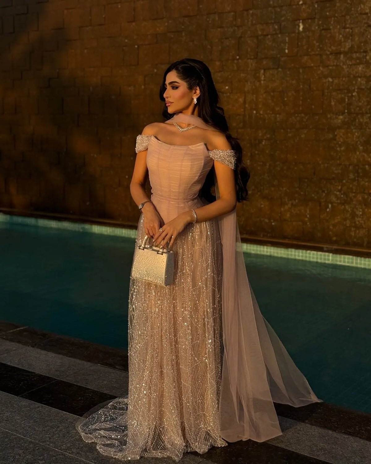 Romantic Beaded Pink Off Shoulder Evening Dress with Scarf SS766 - SHARONSAID Romantic Beaded Pink Off Shoulder Evening Dress with Scarf SS766 - SHARONSAID