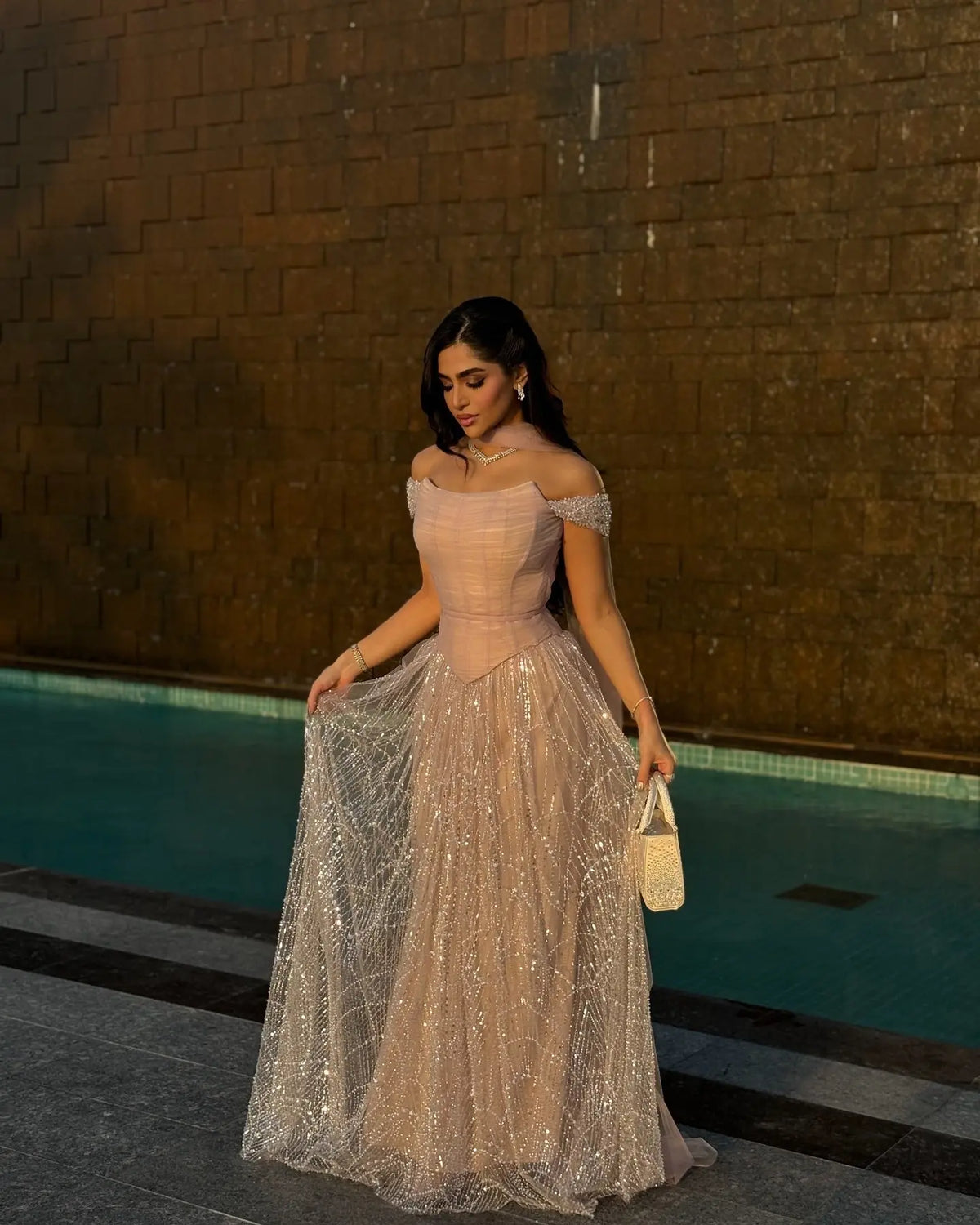Romantic Beaded Pink Off Shoulder Evening Dress with Scarf SS766 - SHARONSAID Romantic Beaded Pink Off Shoulder Evening Dress with Scarf SS766 - SHARONSAID