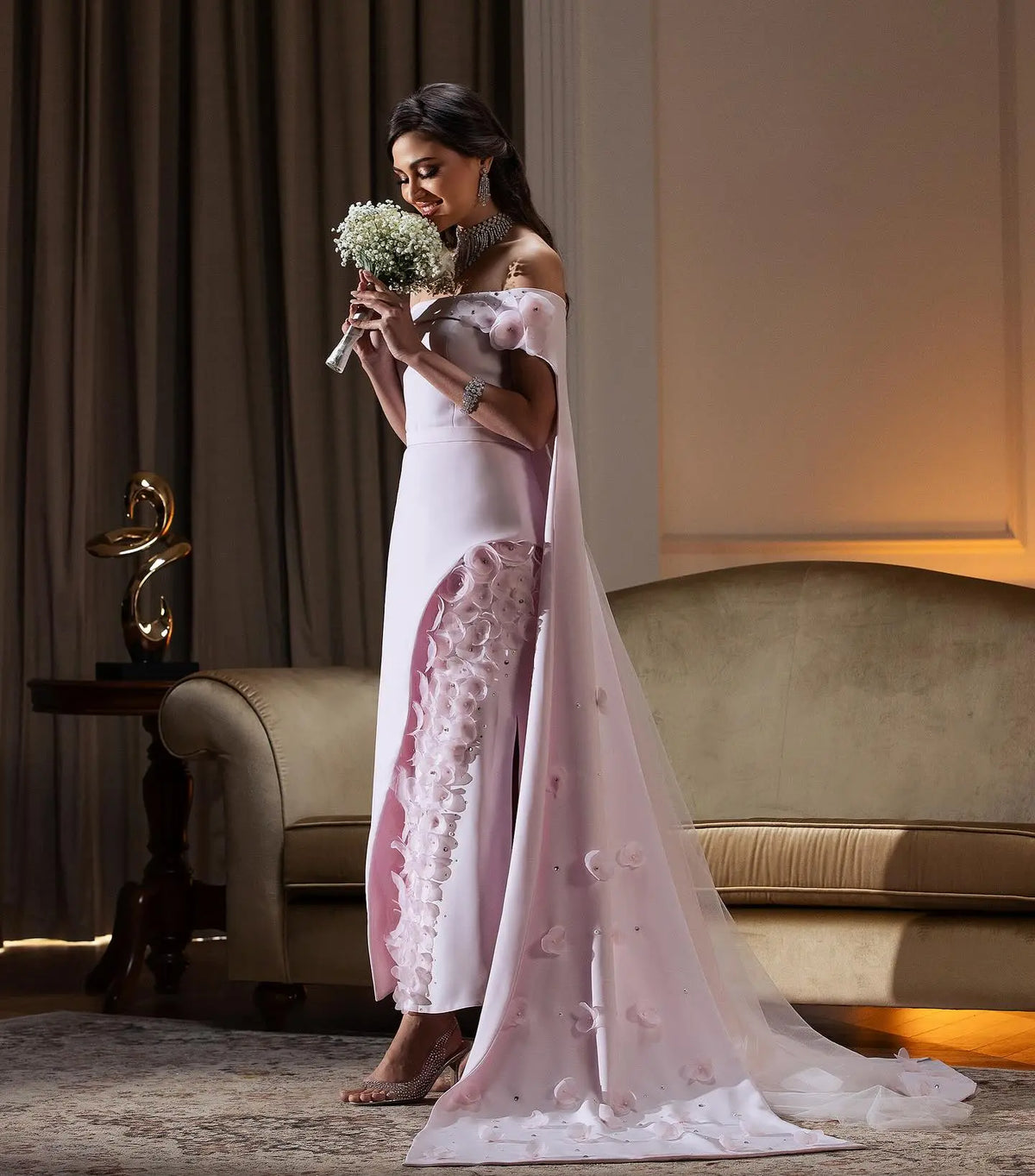 Final Sale Blush Pink 3D Flowers Arabic Evening Dress with Cape SS281