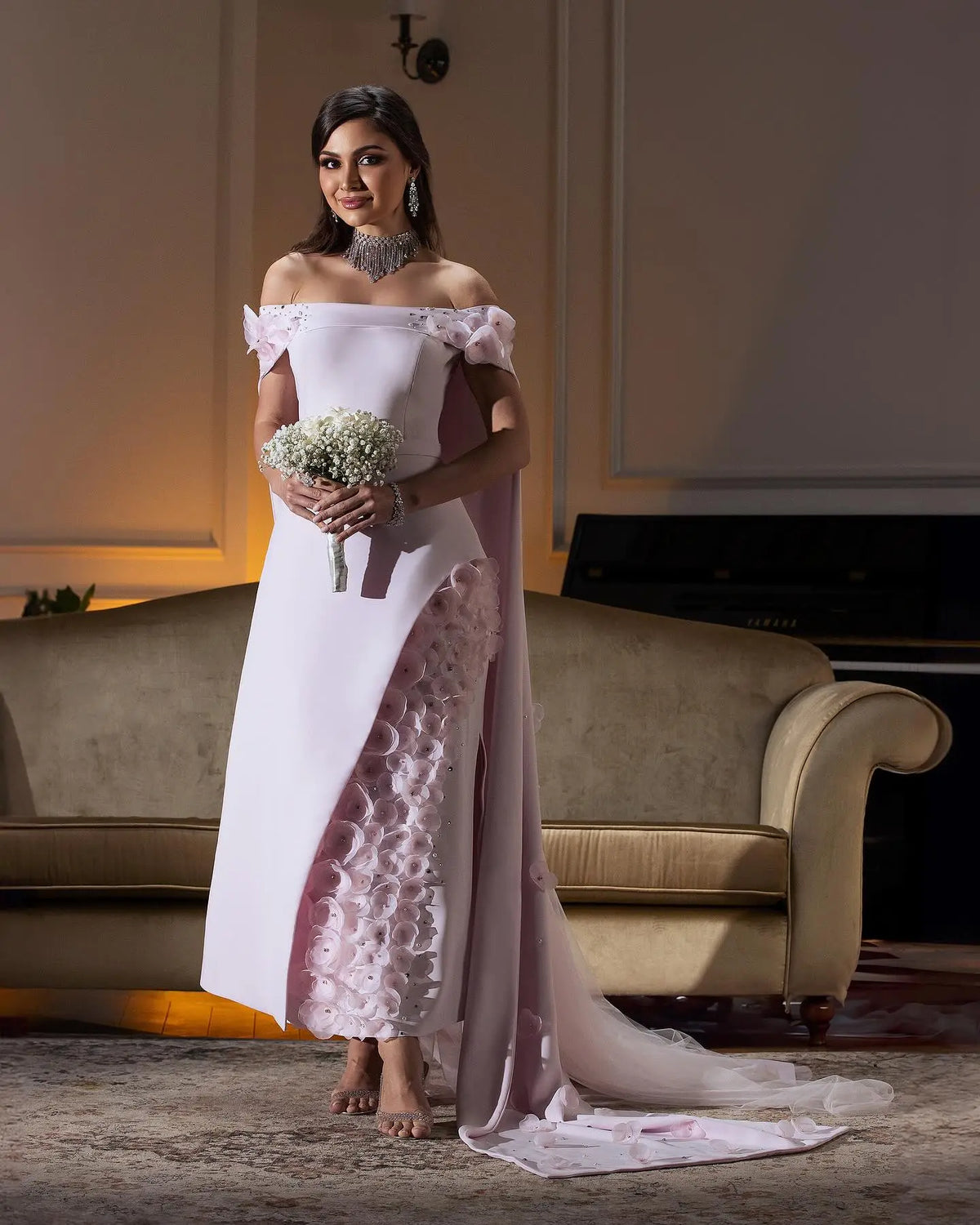 Final Sale Blush Pink 3D Flowers Arabic Evening Dress with Cape SS281 Final Sale Blush Pink 3D Flowers Arabic Evening Dress with Cape SS281