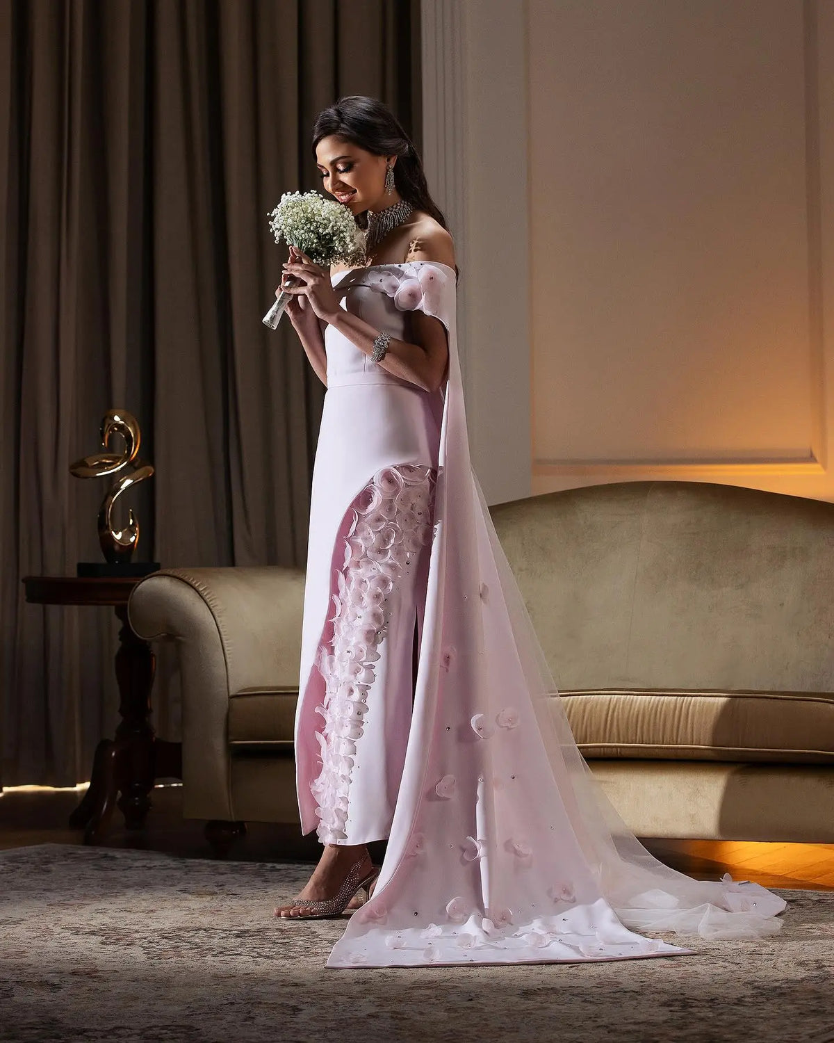 Final Sale Blush Pink 3D Flowers Arabic Evening Dress with Cape SS281 Final Sale Blush Pink 3D Flowers Arabic Evening Dress with Cape SS281