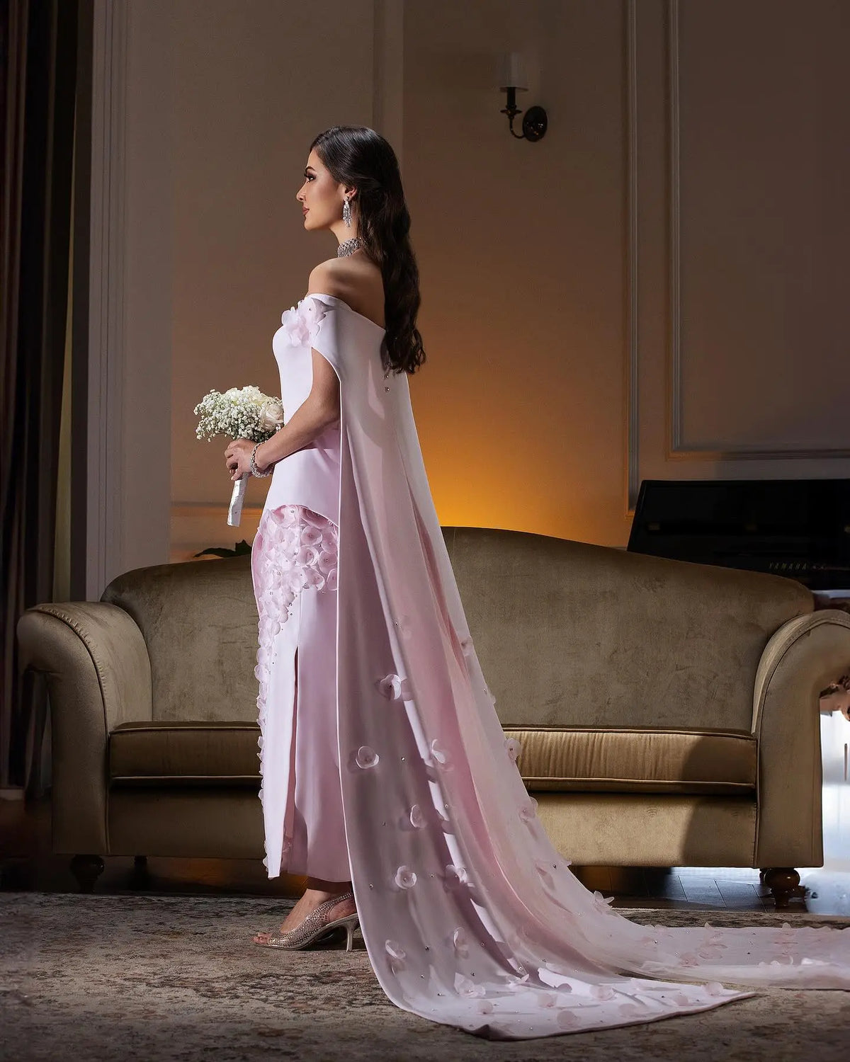 Blush Pink 3D Flowers Arabic Evening Dress with Cape SS281 - SHARONSAID Blush Pink 3D Flowers Arabic Evening Dress with Cape SS281 - SHARONSAID