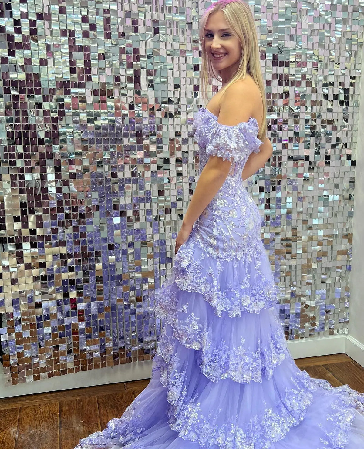 off the shoulder ruffle prom dress Periwinkle Tulle Appliques Off-the-Shoulder Ruffle Long Prom Dress Black / 14 / Tulle