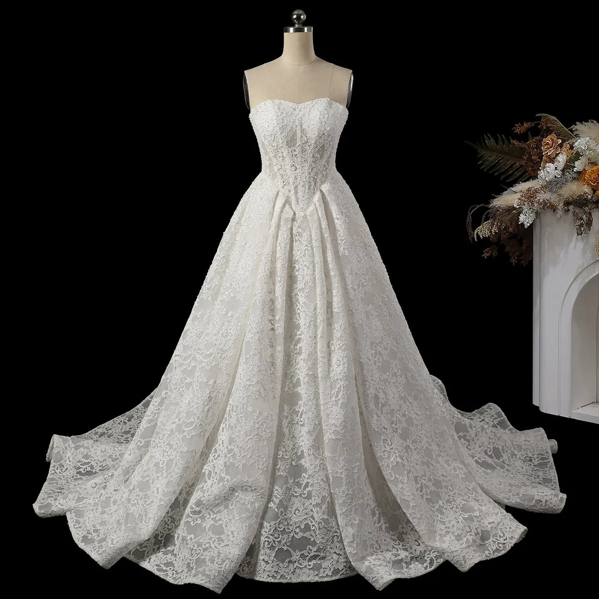 White Strapless Lace Wedding Dress with Train SW753