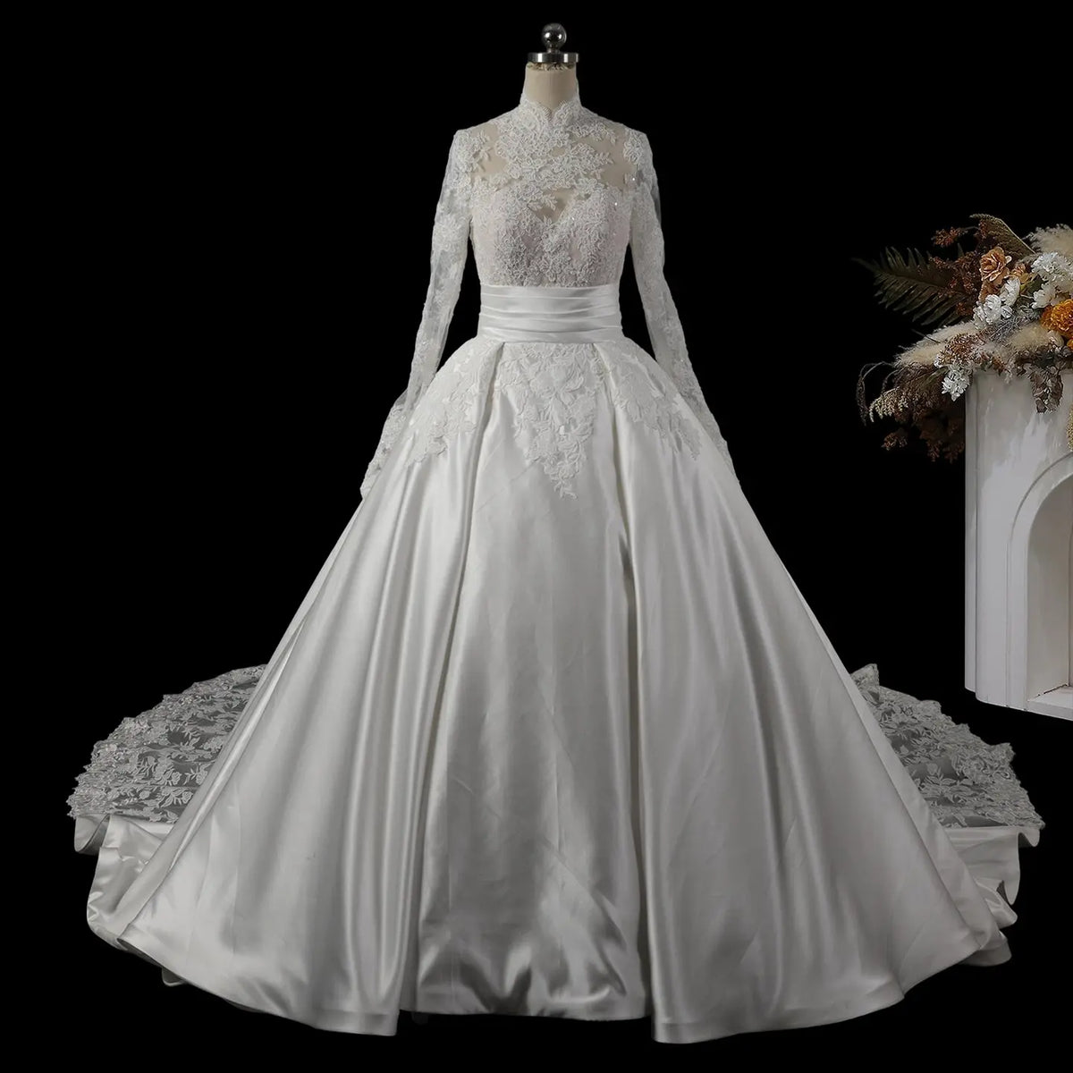 Ivory High Neck Tulle 2 in 1 Wedding Dress Train SW759