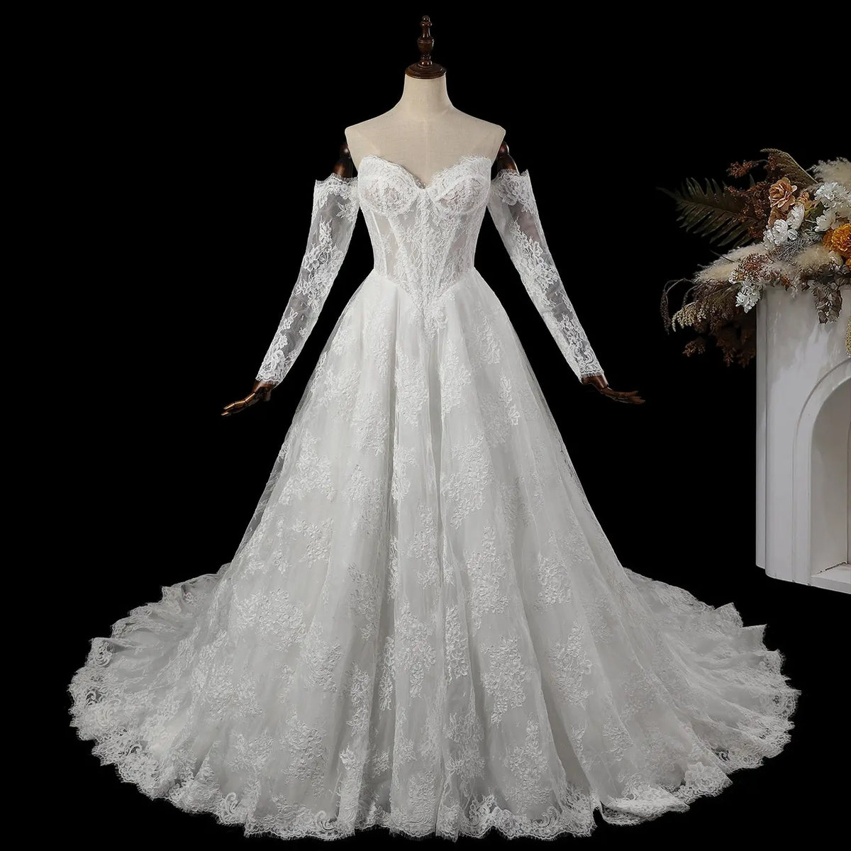 White Long Sleeve Lace Corset Wedding Gown SW760