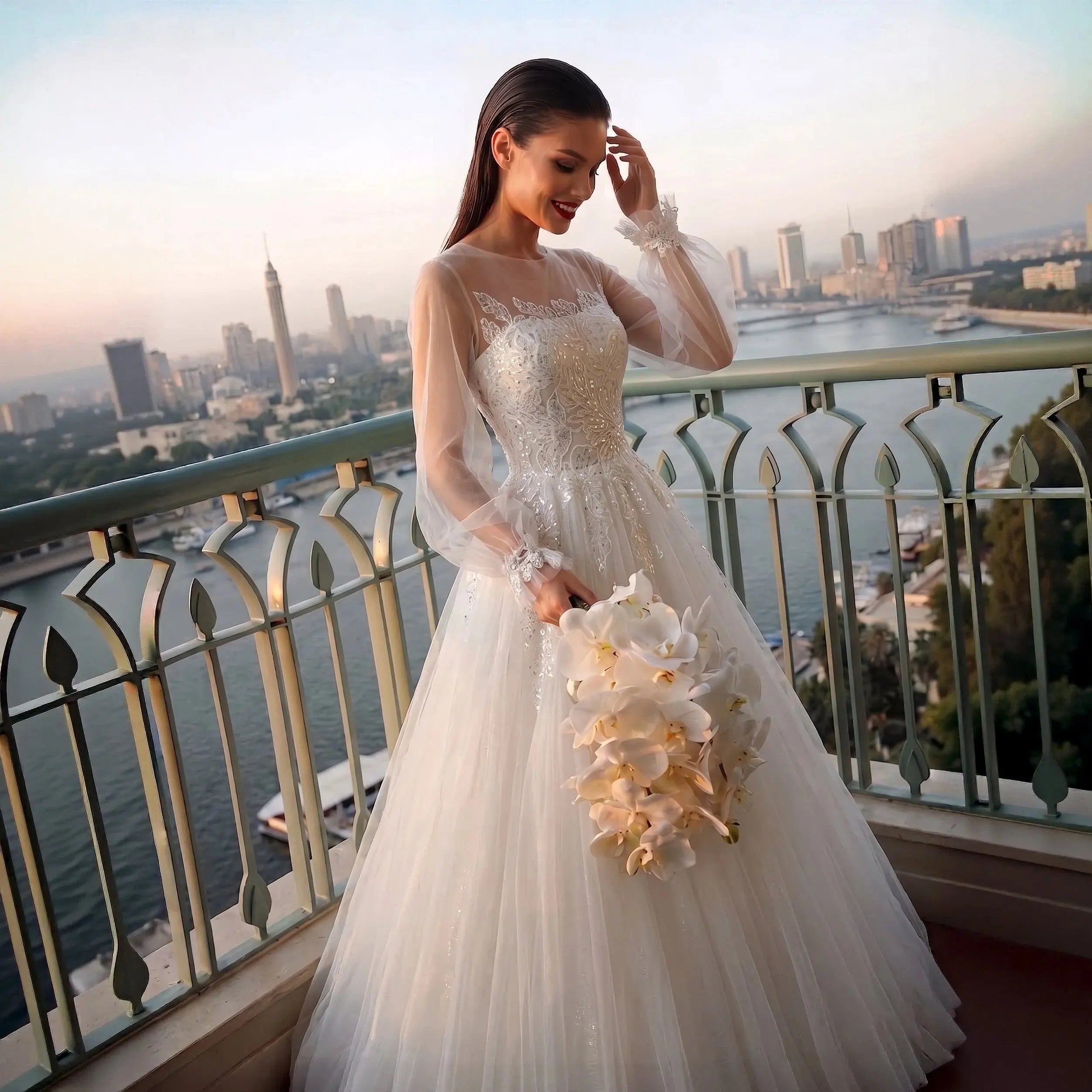 Elegant White Long Sheer Sleeve A-Line Tulle Wedding Dress with Lace  Appliqués SW713