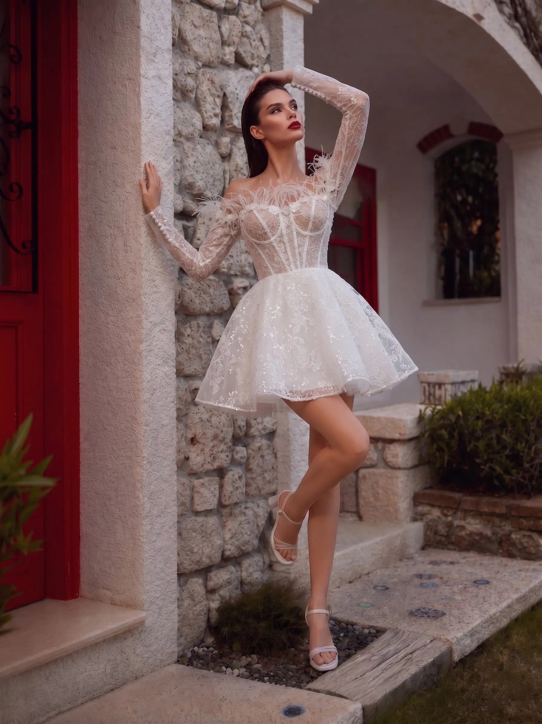 Elegant White Off-Shoulder Feather Lace Corset Mini Wedding Dress SW71 –  SHARONSAID