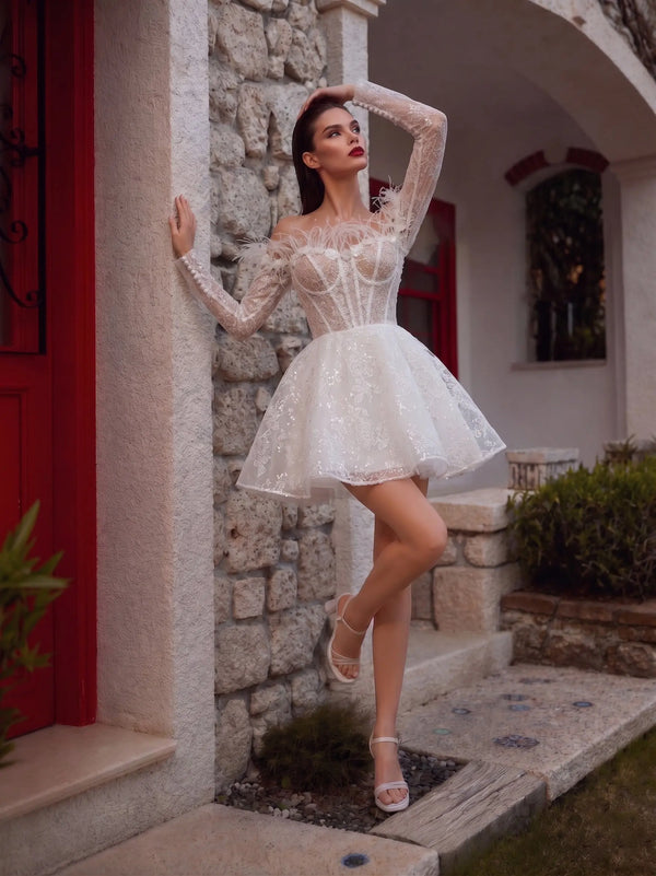 corset tie dress Elegant White Off-Shoulder Feather Lace Mini Wedding SW717 Colour:OMBRE Make a Christmas Tree MS0718 Satin corset back dress intricate lace