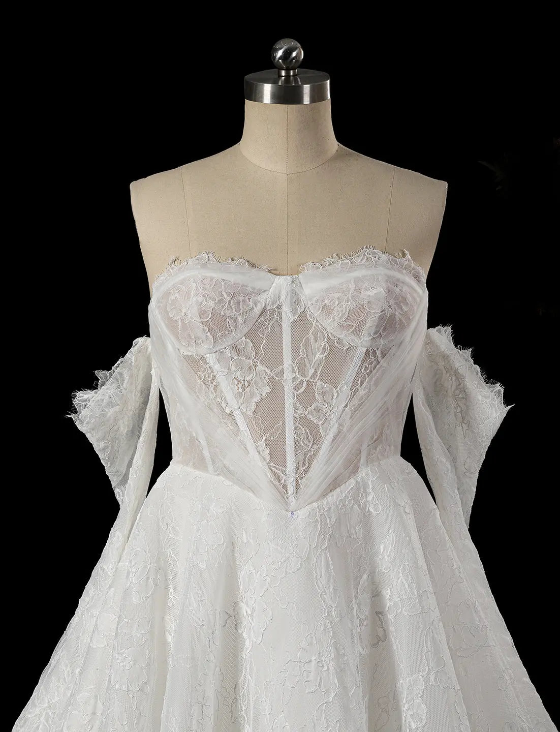 Off White Floral Lace Ball Gown Wedding Dress-3