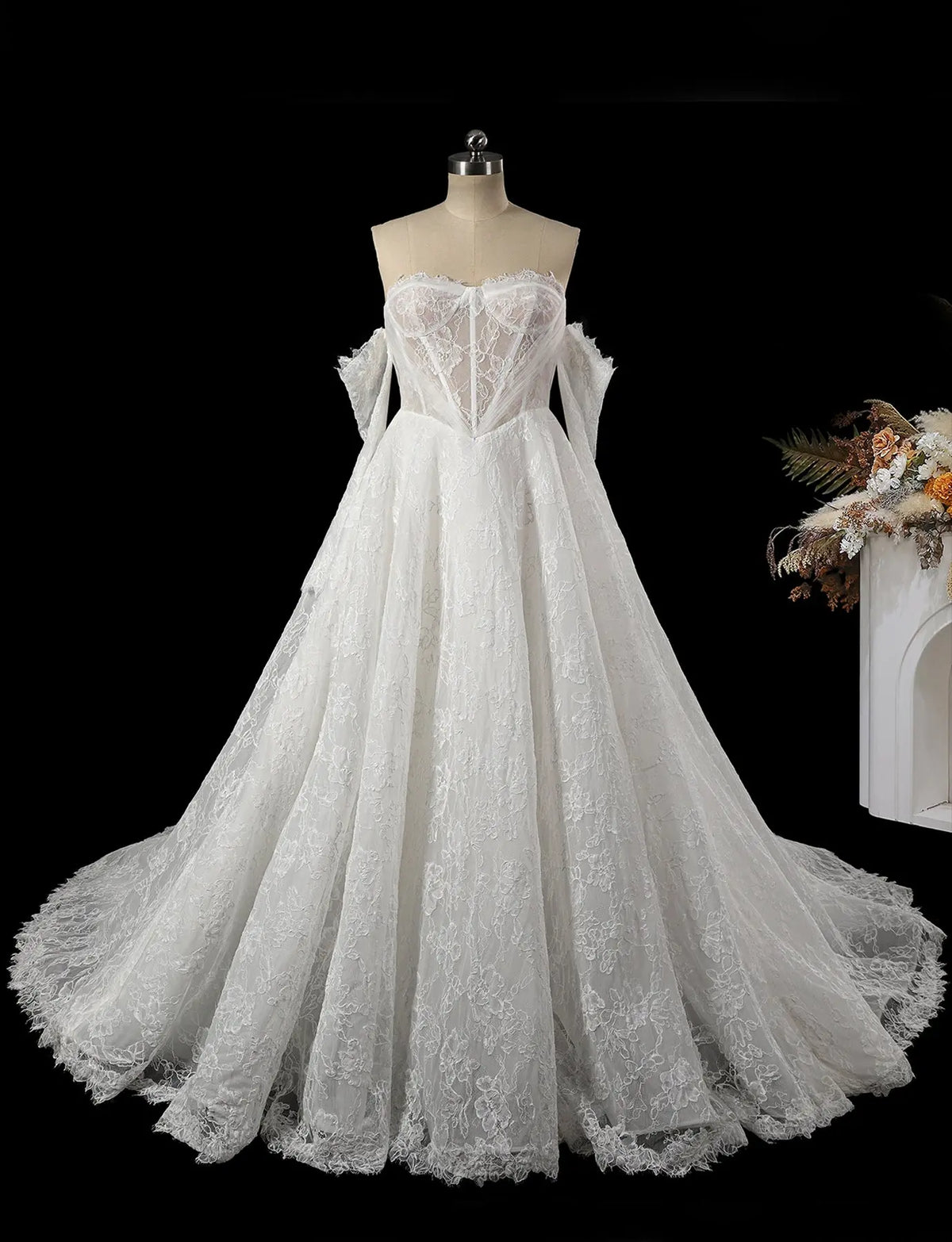 Off White Floral Lace Ball Gown Wedding Dress