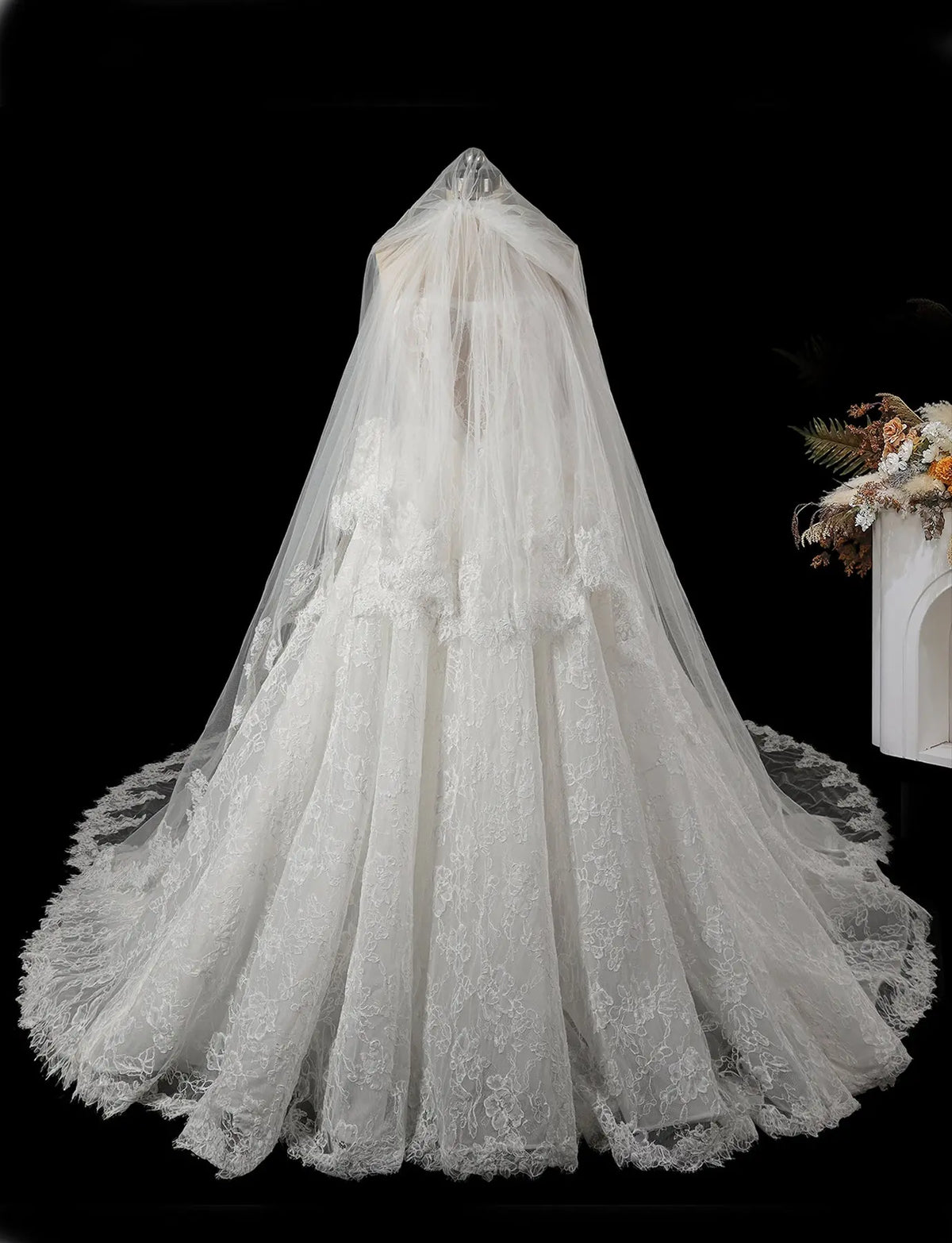 Off White Floral Lace Ball Gown Wedding Dress-4