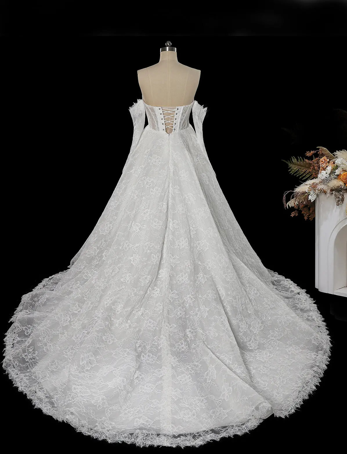 Off White Floral Lace Ball Gown Wedding Dress-8