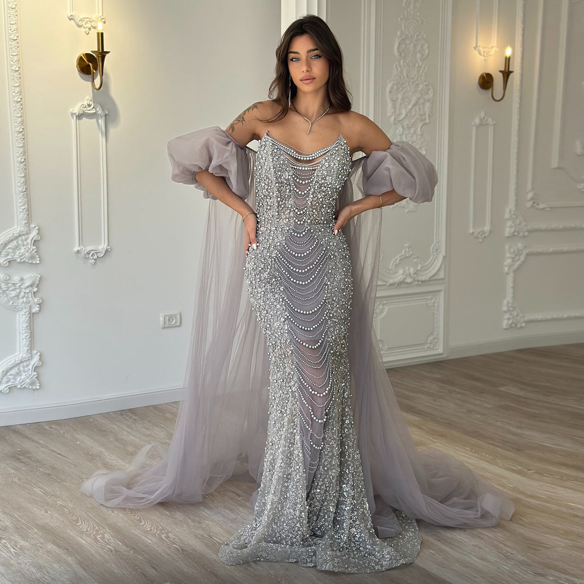 Sharon Said Luxury Pearls Purple Mermaid Evening Dress with Cape Sleeves Tassel Dubai Turkish Wedding Party Gowns SS199
