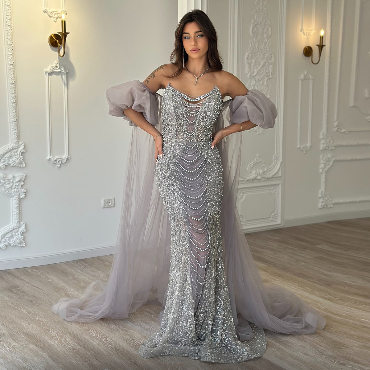 Luxury Pearls Tassel Purple Evening Dress with Cape SS199