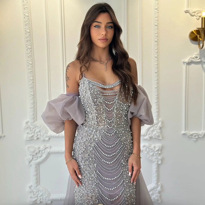 Luxury Pearls Tassel Purple Evening Dress with Cape SS289 