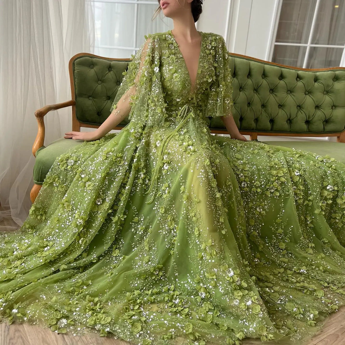 green dress with embroidered flowers Green linen dress with hand embroidery, flower embroidered dress, tinythingsmadeuhappy