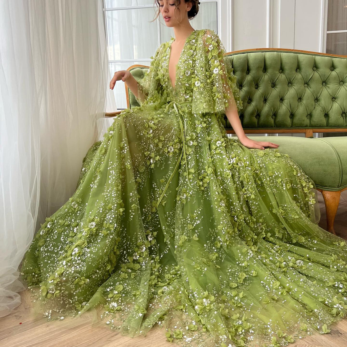 Sharon Said Sexy Plunging V-neck Green 3D Embroidered Flowers Evening Dress for Women Wedding Party Gowns SS354