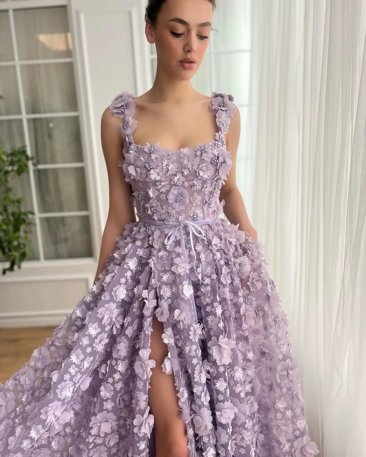 Chic Lilac 3D Embroidered Flowers Slit Evening Dress SS357 - SHARONSAID Chic Lilac 3D Embroidered Flowers Slit Evening Dress SS357 - SHARONSAID