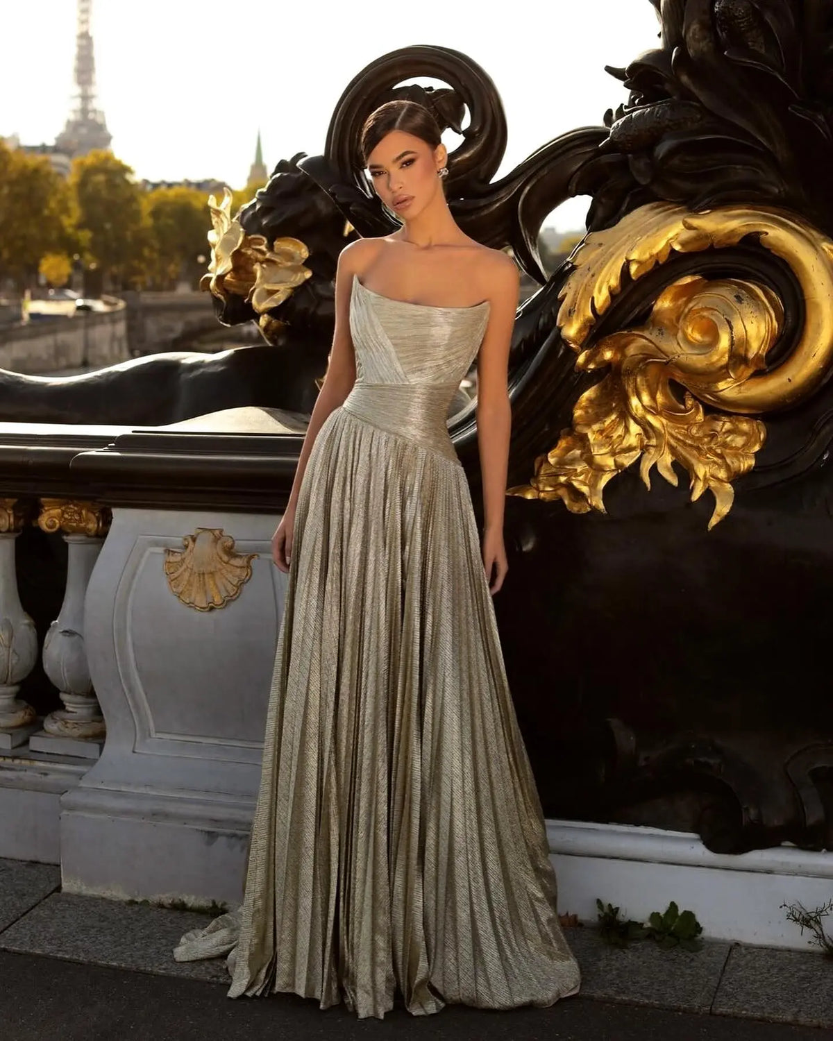 Elegant Gold Pleats Strapless Draped Evening Dress SF208 - SHARONSAID Elegant Gold Pleats Strapless Draped Evening Dress SF208 - SHARONSAID