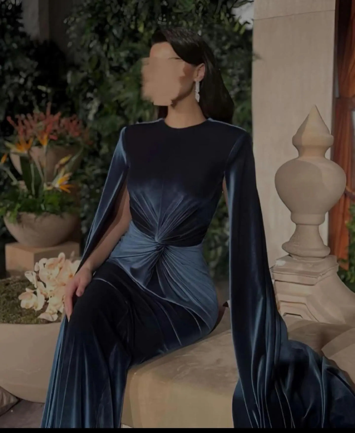 blue velvet prom dress Elegant Dark Blue Velvet Evening Dress with Cape Sleeve SF243
