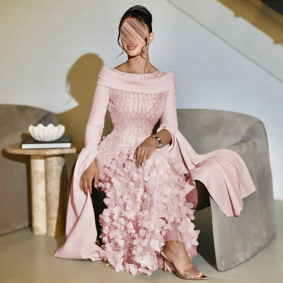 Romantic 3D Floral Evening Dress with Cape Sleeves SS272 