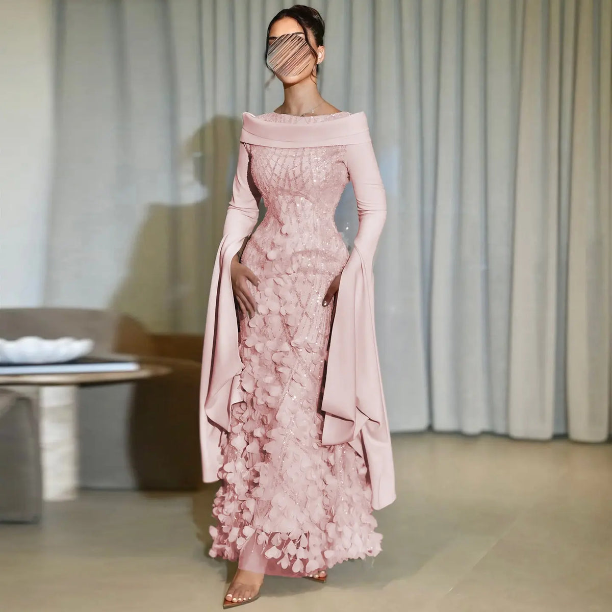 Romantic 3D Floral Evening Dress with Cape Sleeves SS272 
