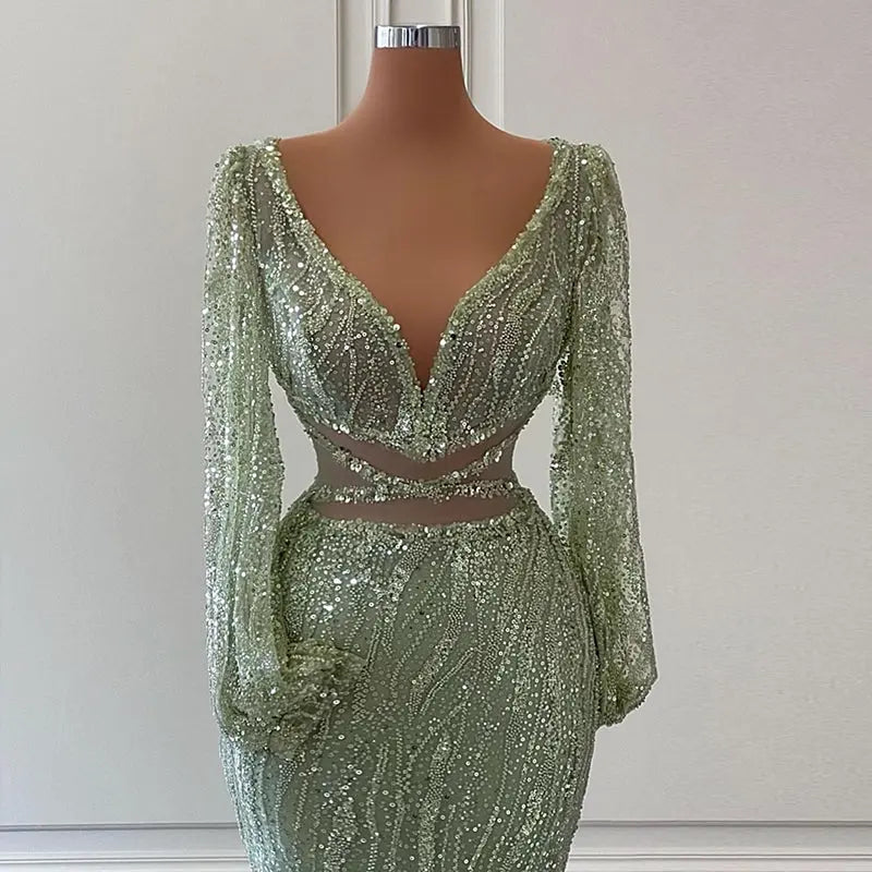 Luxury Beaded Long Sleeves Sage Green Formal Dress RM033 Luxury Beaded Long Sleeves Sage Green Formal Dress RM033