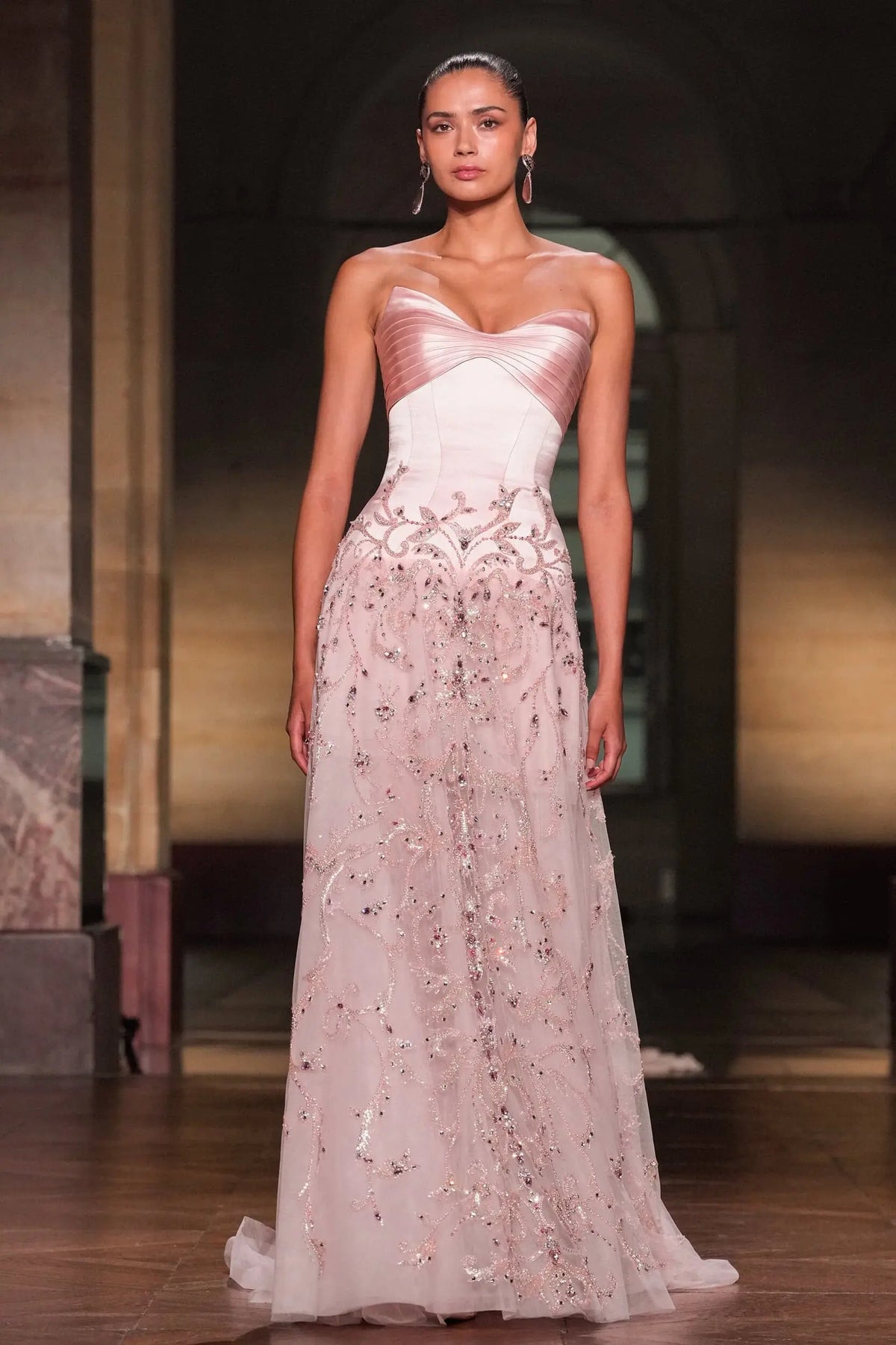 Luxury Pink Embroidered Beaded Strapless Fitted Evening Dress SS529 