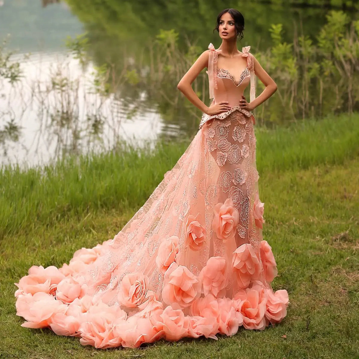 Luxury Pink Crystal 3D Floral Mermaid Train Evening Dress SS607 