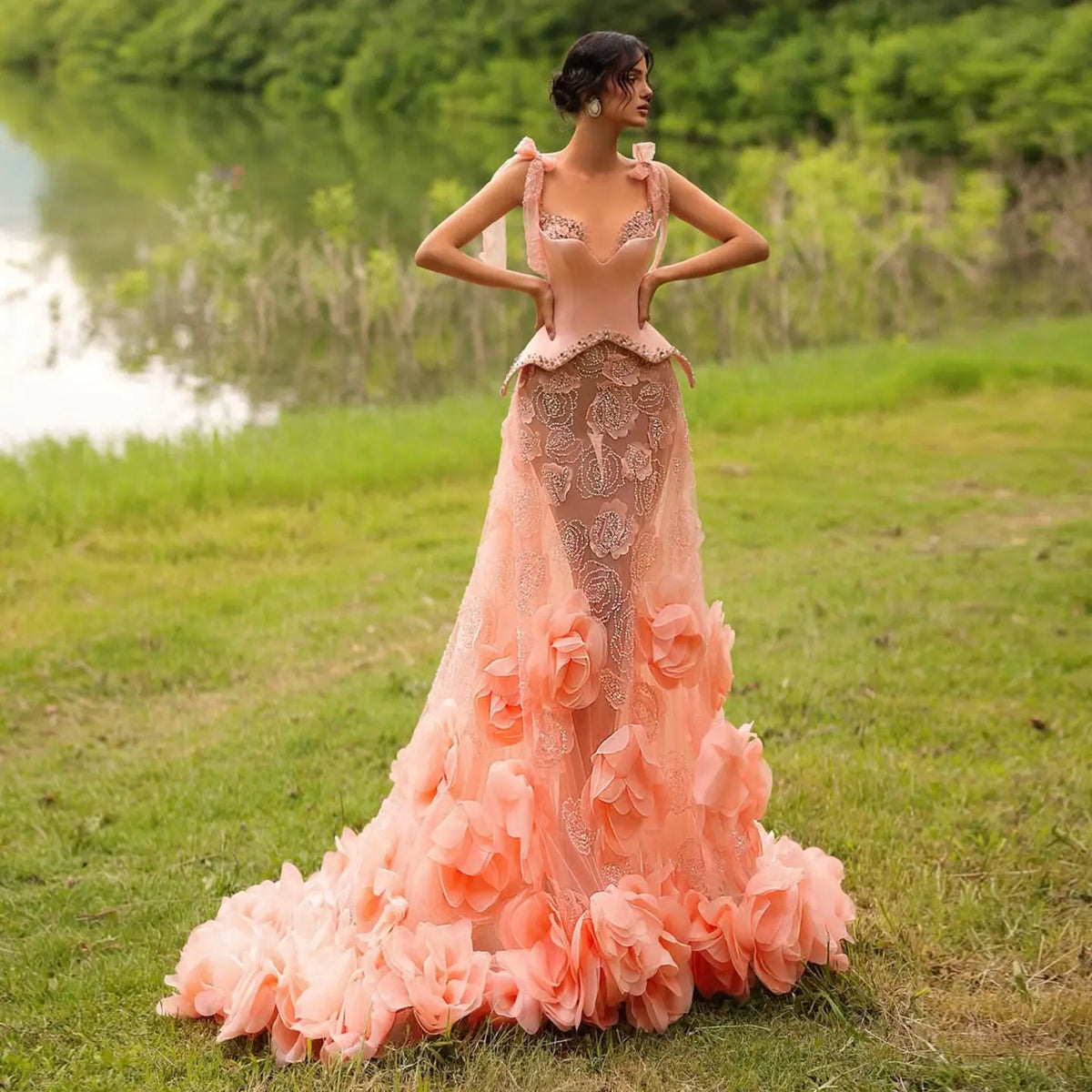 Luxury Pink Crystal 3D Floral Mermaid Train Evening Dress SS607 