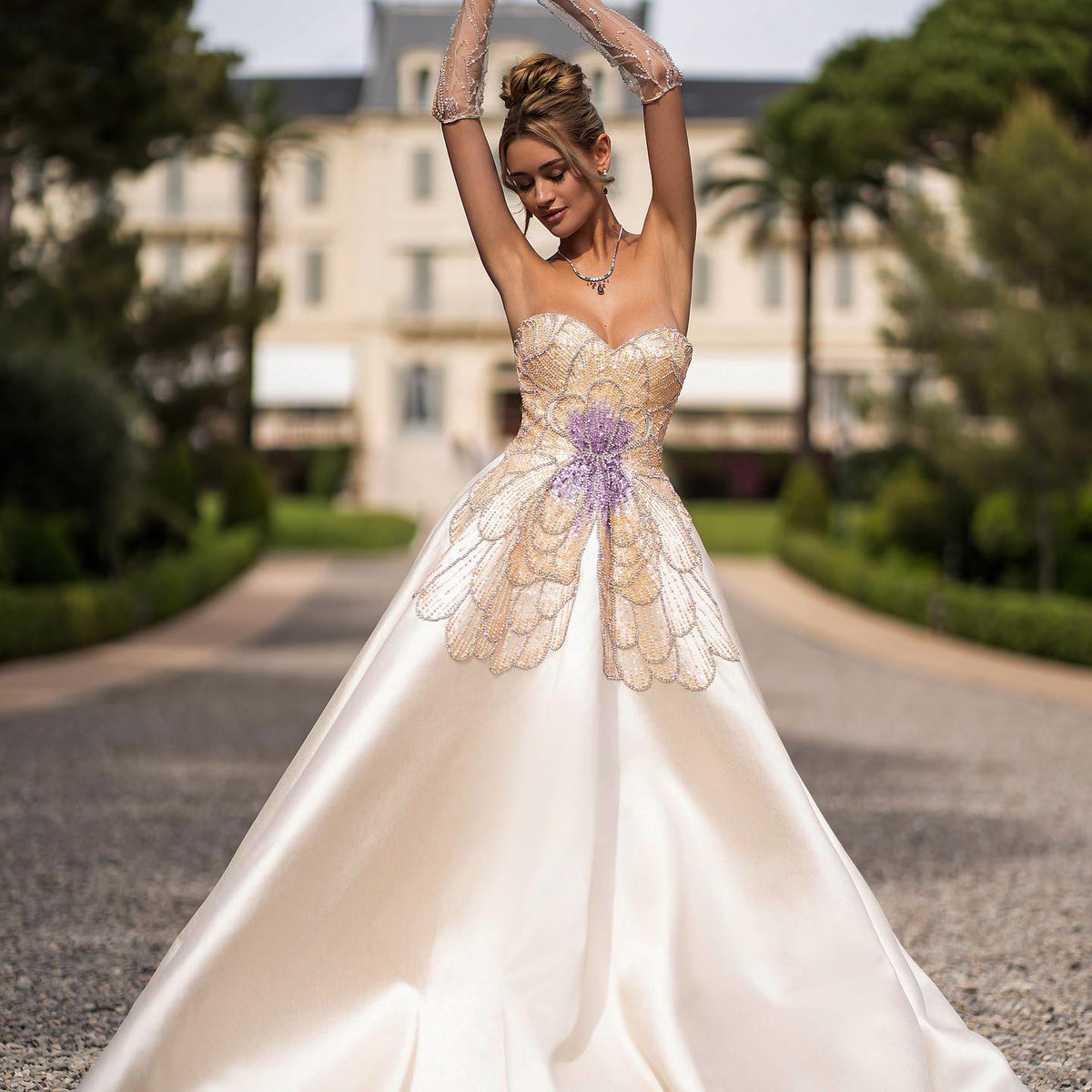 Sharon Said Luxus Perlen Schmetterling Beige Abendkleider für Frauen Hochzeit 2024 Elegante Schatz Satin Prom Party Kleider SS467