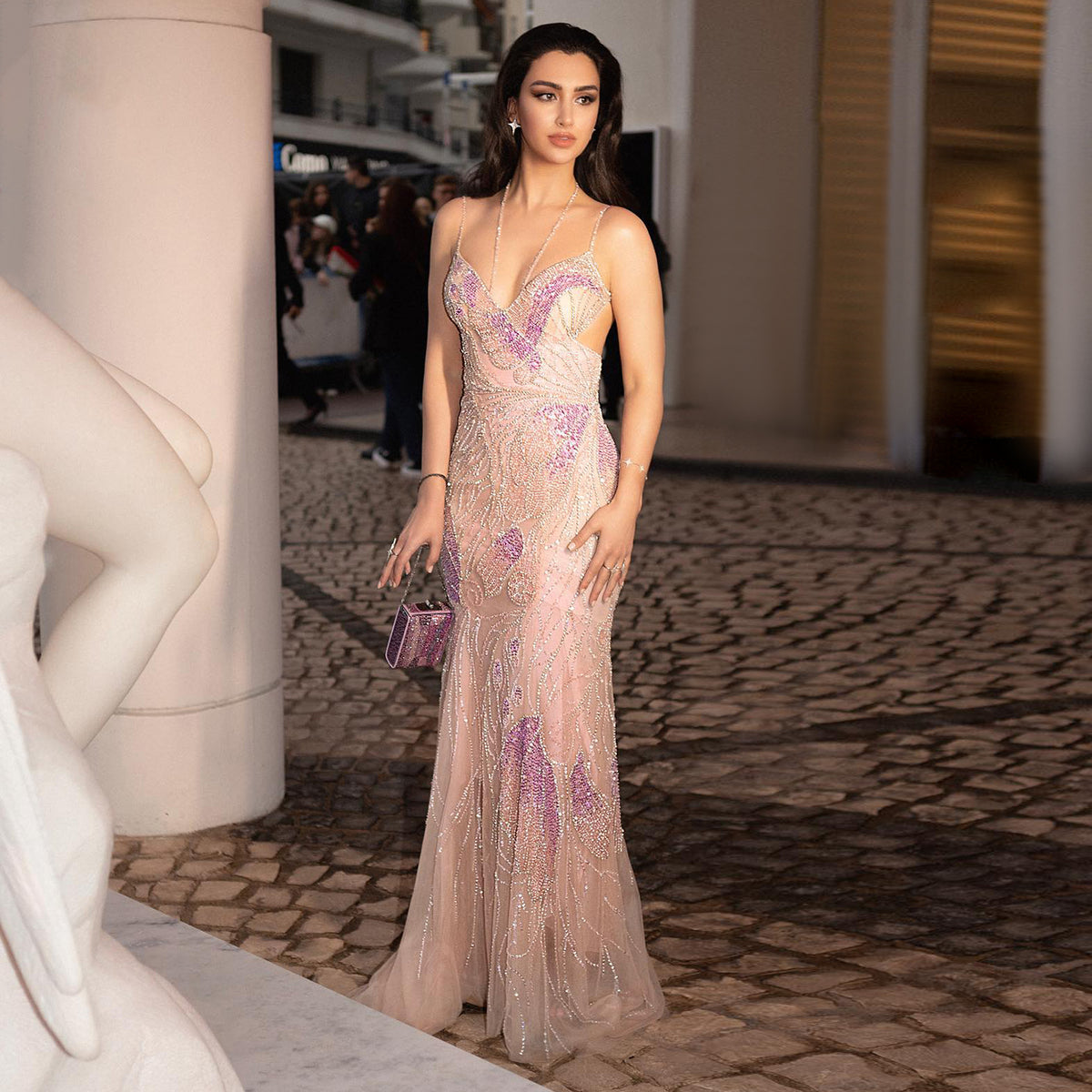 Sharon Said Luxury Mermaid Pink Evening Dresses with Feathers Scarf Spaghetti Straps Dubai Women Blue Wedding Prom Gowns SS478