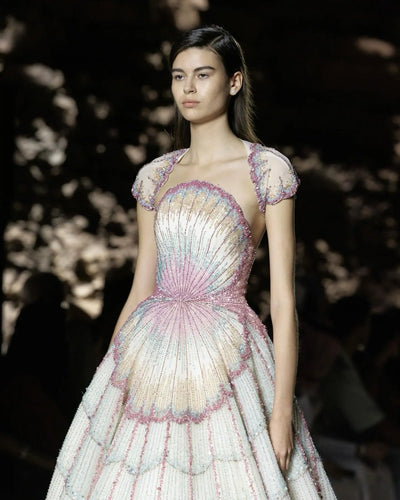 Luxury Ombre Beaded Shell Ball Gown Evening Dress with Cap SS296