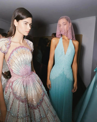 Luxury Ombre Beaded Shell Ball Gown Evening Dress with Cap SS296 