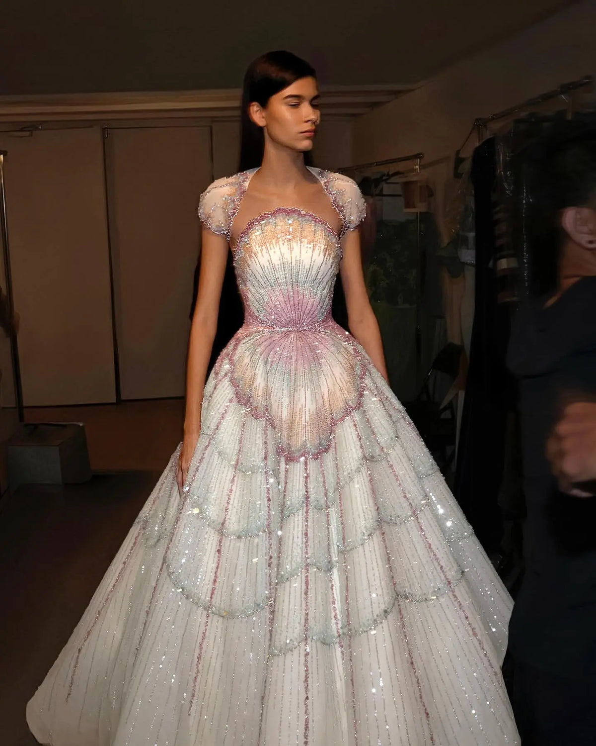 Luxury Ombre Beaded Shell Ball Gown Evening Dress with Cap SS296 – SHARONSAID