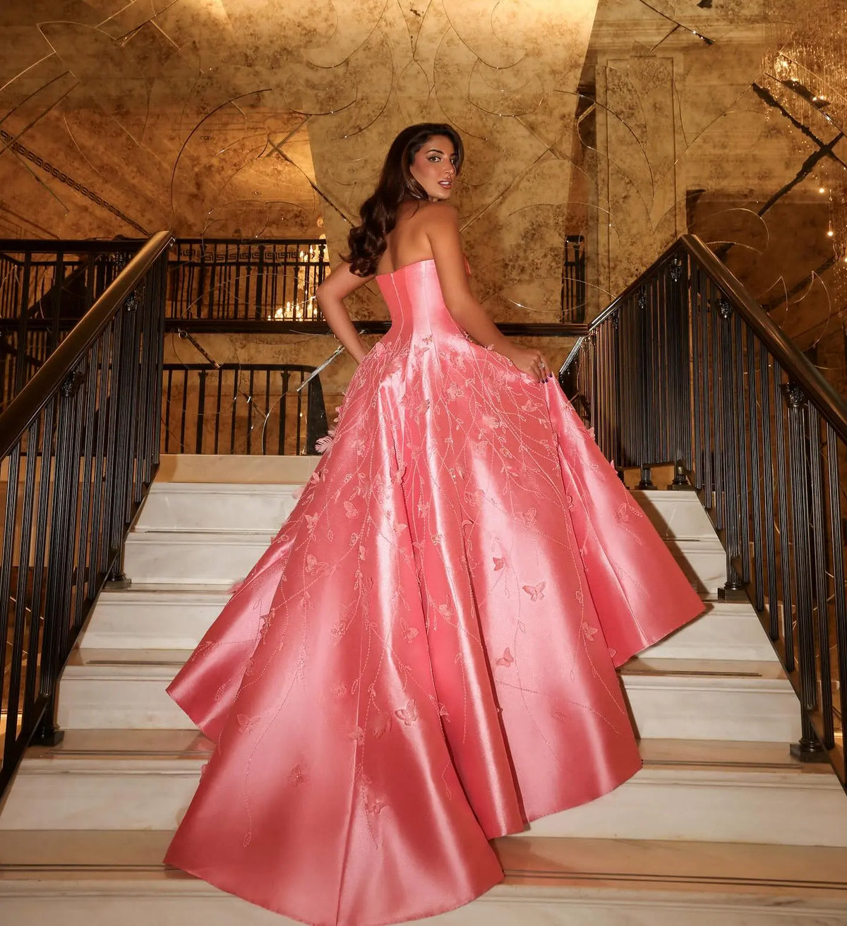 Luxury 3D Flowers Feathers Coral Pink Evening Dress SS470 Luxury 3D Flowers Feathers Coral Pink Evening Dress SS470