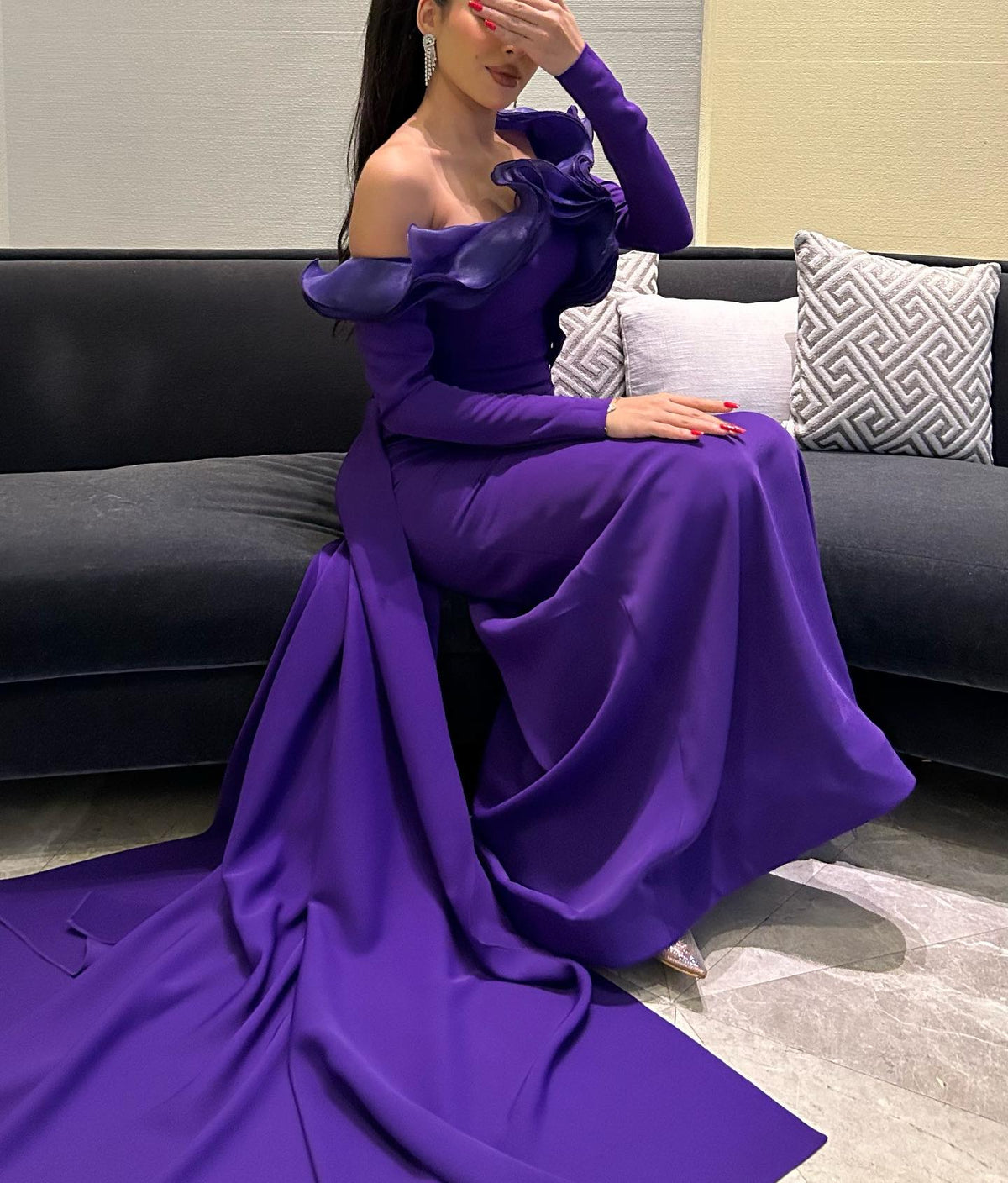 Elegant Purple Ruffles Off Shoulder Evening Dress with Overskirt SF142