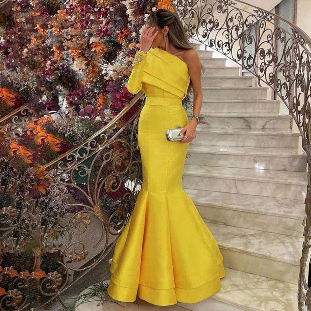 Sharon Said Arabic Yellow One Shoulder Mermaid Evening Dress with Cape Baby Blue Beaded Dubai Luxury Wedding Party Dress SF014