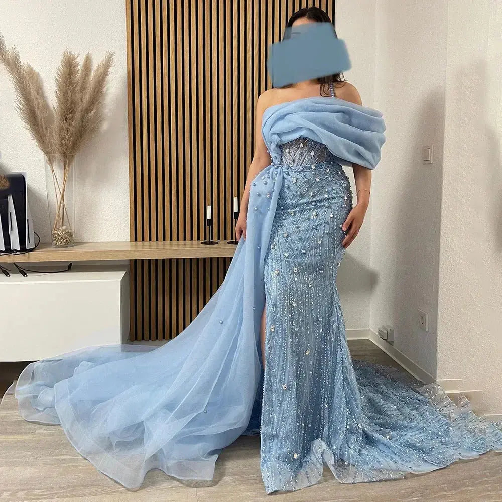 Luxury One Shoulder Blue Evening Dress with Overskirt SS644