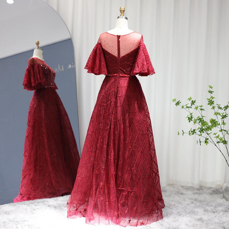 DreamyVow Luxury Dubai Pink Evening Dresses Flare Sleeve Burgundy Arabic Plus Size Formal Dress for Women Wedding Party 057