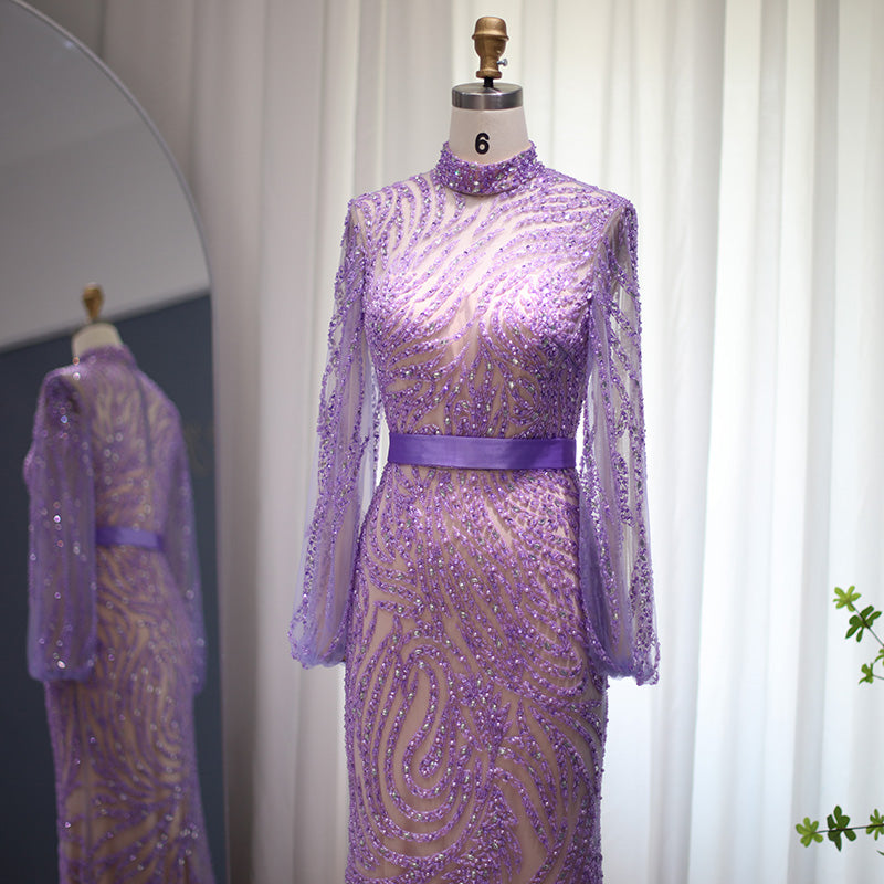 Dreamy Vow Luxury Lilac Dubai Mermaid Evening Dress Elegant Long Sleeve Muslim Formal Dresses for Women Wedding Party 206